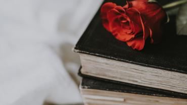 Imatge d'una rosa damunt de dos llibres.