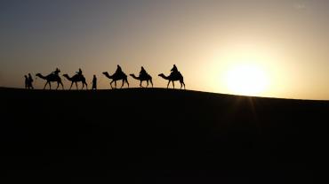 Imatge en contrallum dels tres Reis d'Orient en camell per la carena d'una muntanya